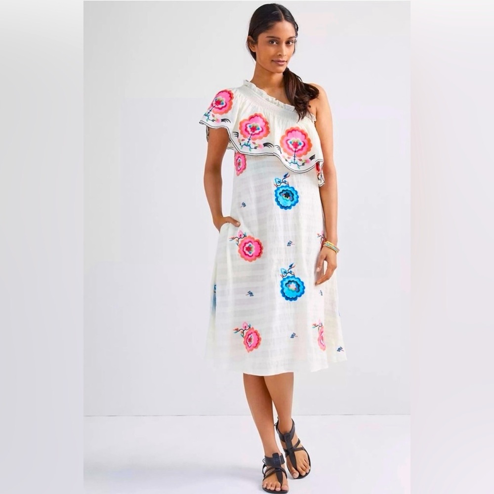Anthropologie Plenty by Tracy Reese Floral Embroidered One-Shoulder Midi Dress S - Picture 3 of 14